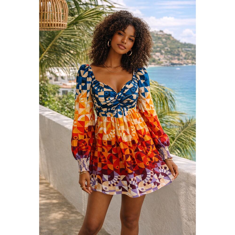 Farm Rio Long Sleeve Printed Babydoll Mini Dress Small Anthropologie $210